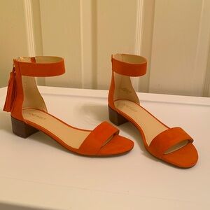 Nine West Flat Orange Suede Sandal With Low 1.5 Inch Heel